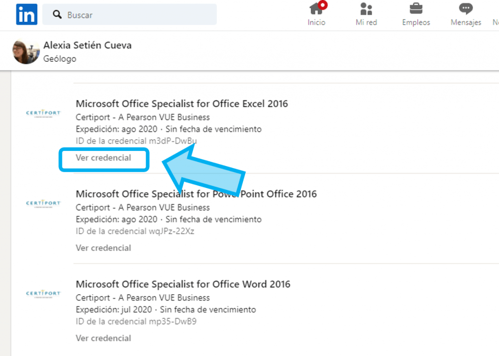 Certificado o insignia digital de Microsoft Office Specialist vinculada en Linkedin