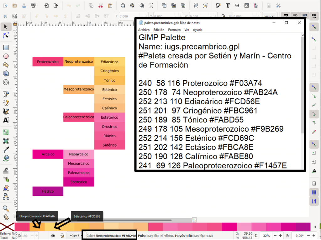 Paleta de color Precámbrico en formato gpl para Inkscape y Gimp, para aplicar color a cortes y mapas geológicos