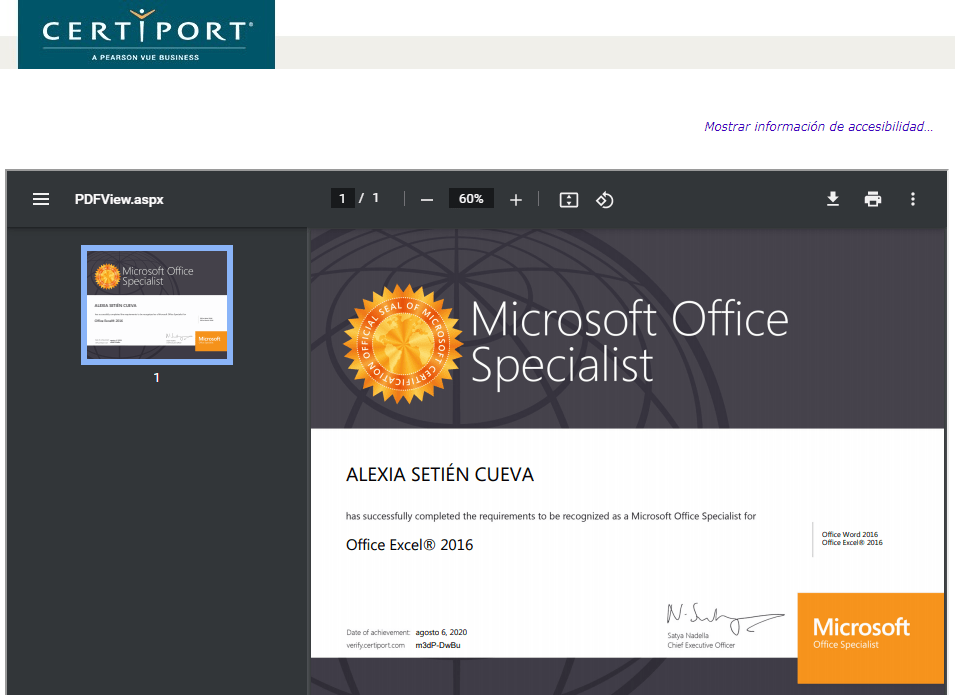 Consulta certificación o insignia digital MOS de Alexia Setién
