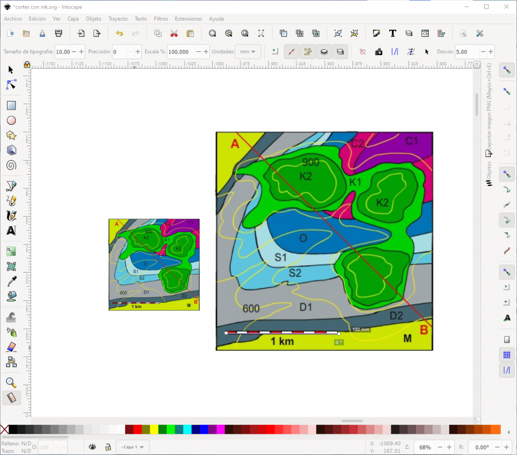 Dibujar un corte geológico en ordenador a partir de un mapa geológico en papel, mapas ya escalados y comprobación de la escala