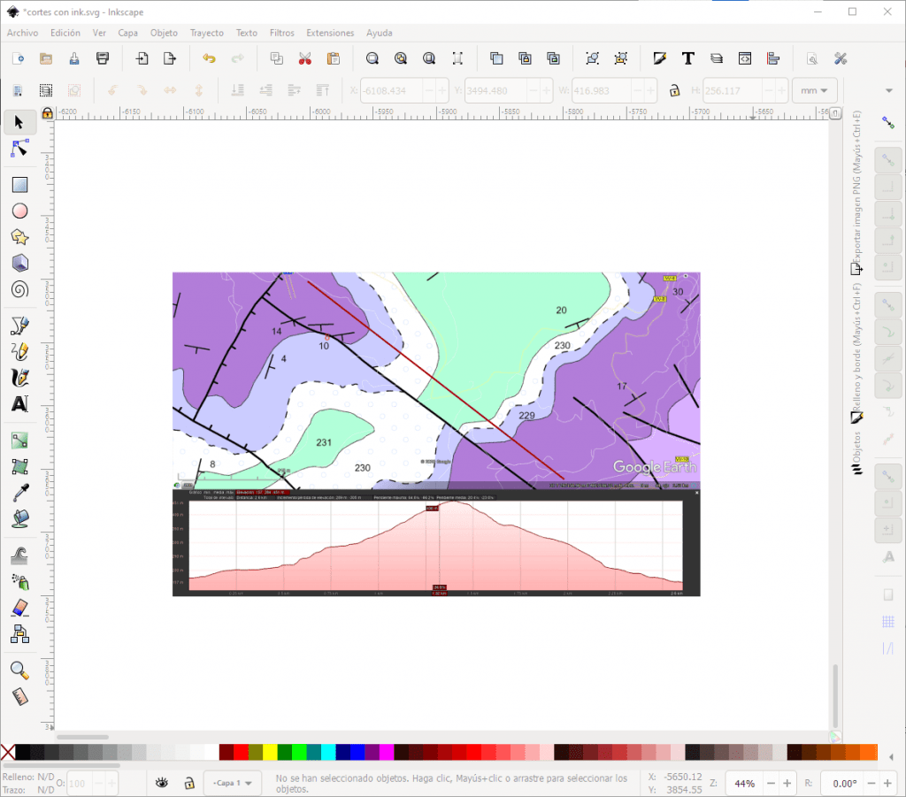 Perfil topográfico y mapa visto en Google Earth e importado a Inkscape
