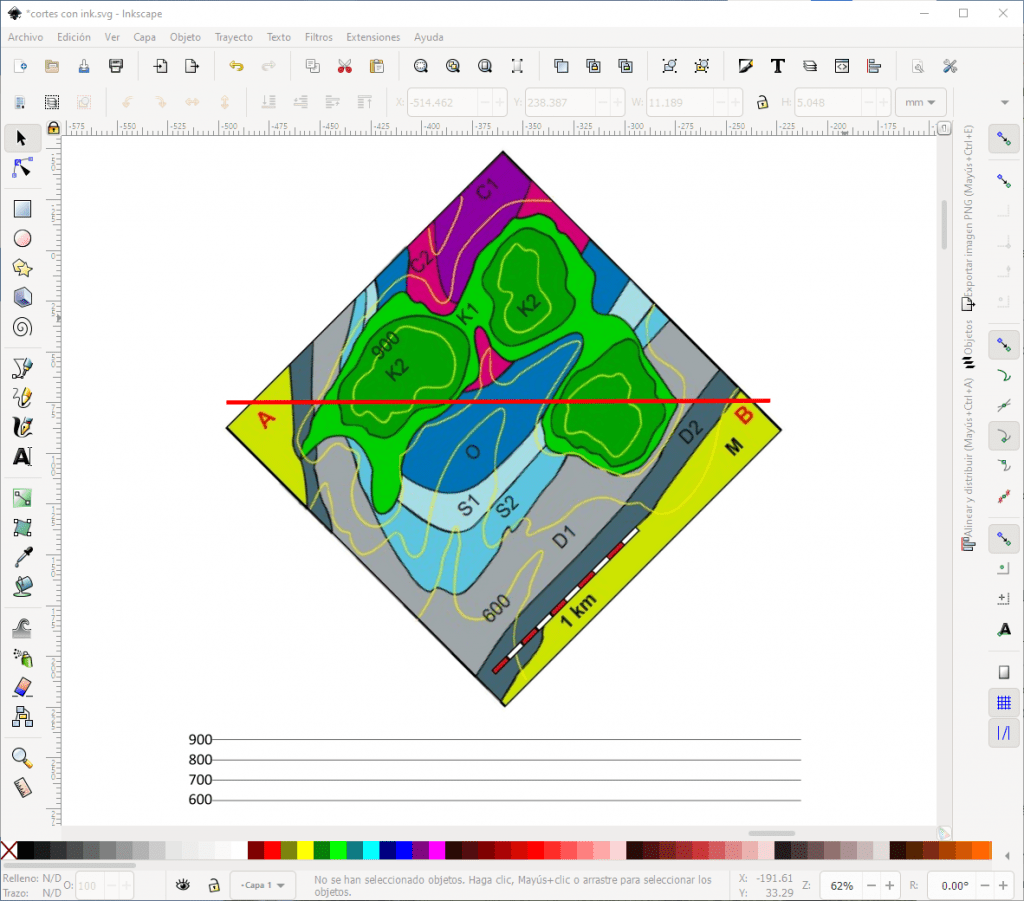 Líneas guía para dibujar la sección geológica con Inkscape