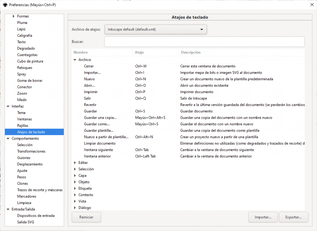 Menú Preferencias generales > Interfaz > Atajos de teclado Inkscape