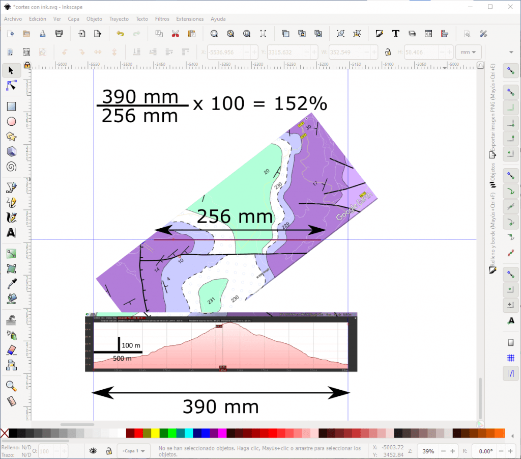 Fórmula para escalar la geología vista en Google Earth con el perfil topográfico obtenido