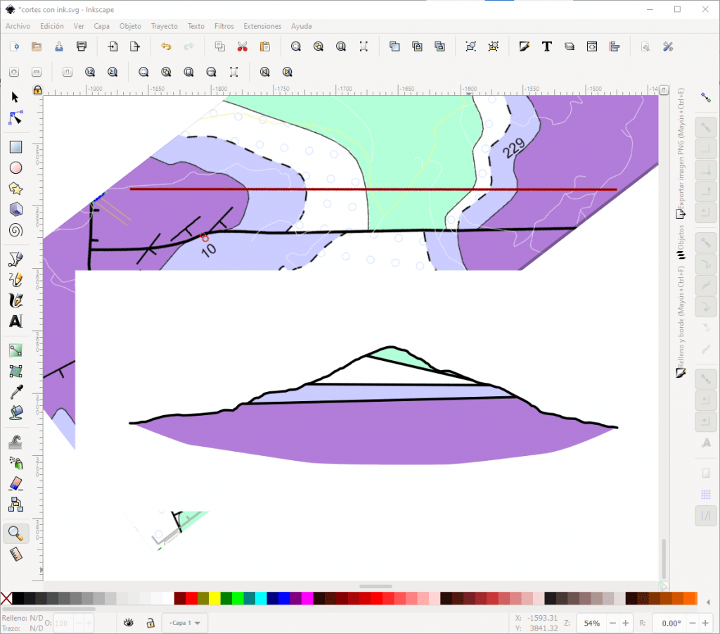 Dibujar un corte geológico en ordenador a partir de un mapa geológico en Google Earth, con los colores de relleno copiados. 