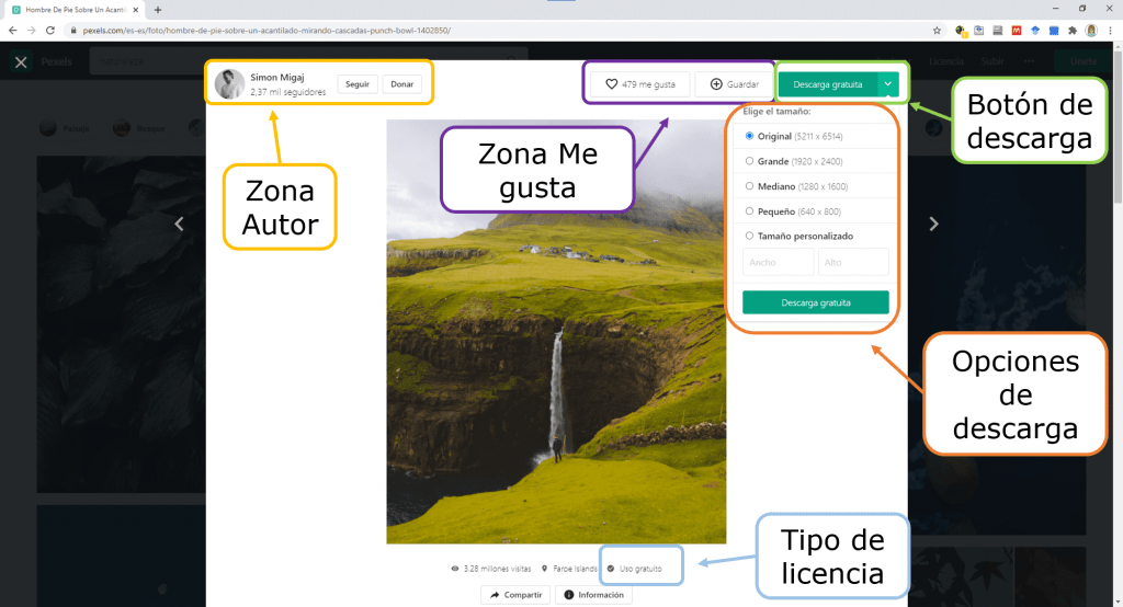 página de descarga de imágenes en pexels