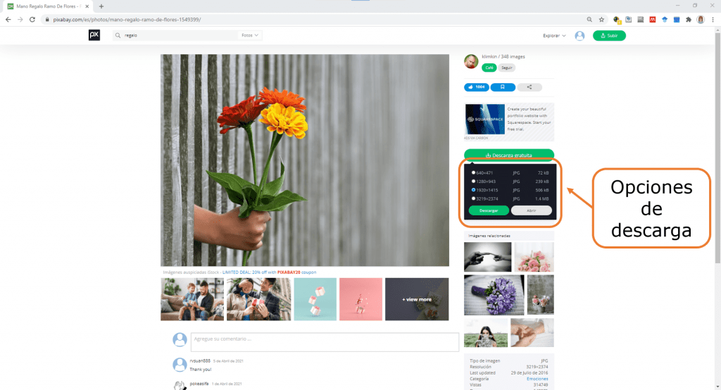 opciones de descarga de imágenes en pixabay
