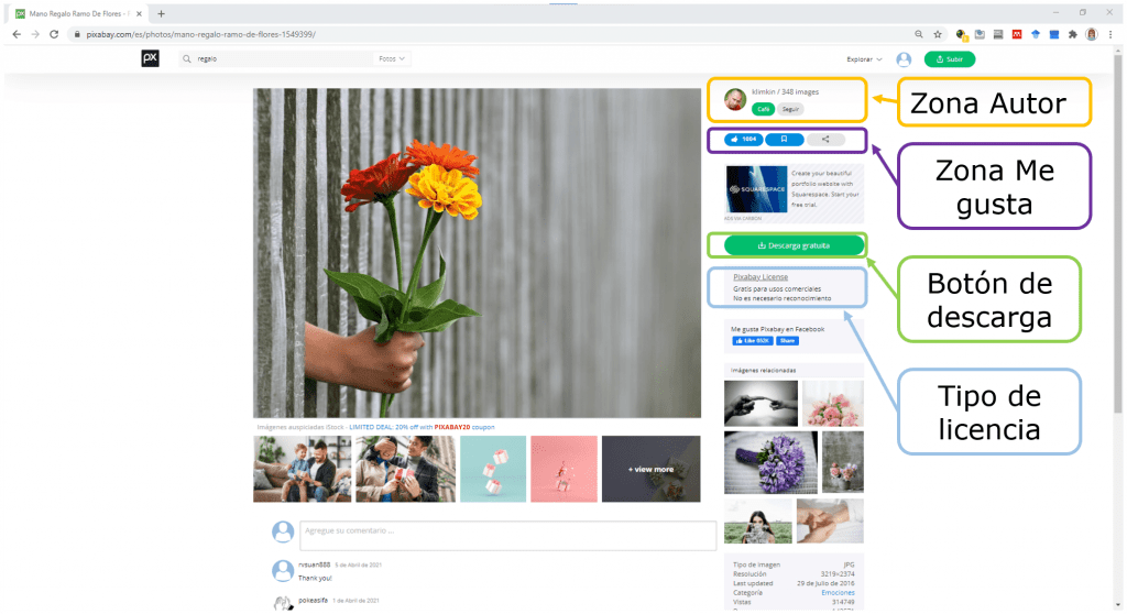 página de descarga de imágenes en pixabay