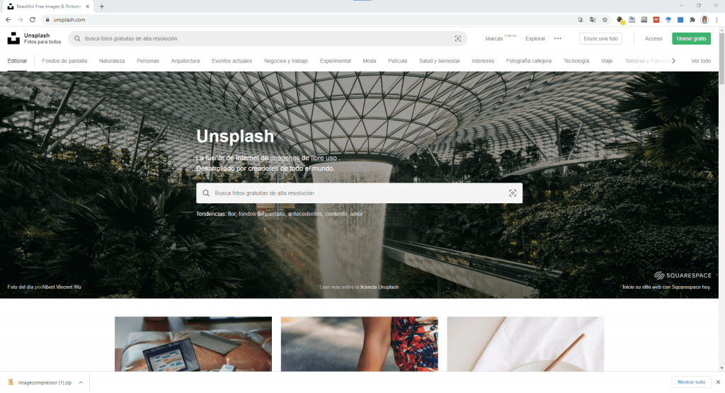 página inicial de unsplash