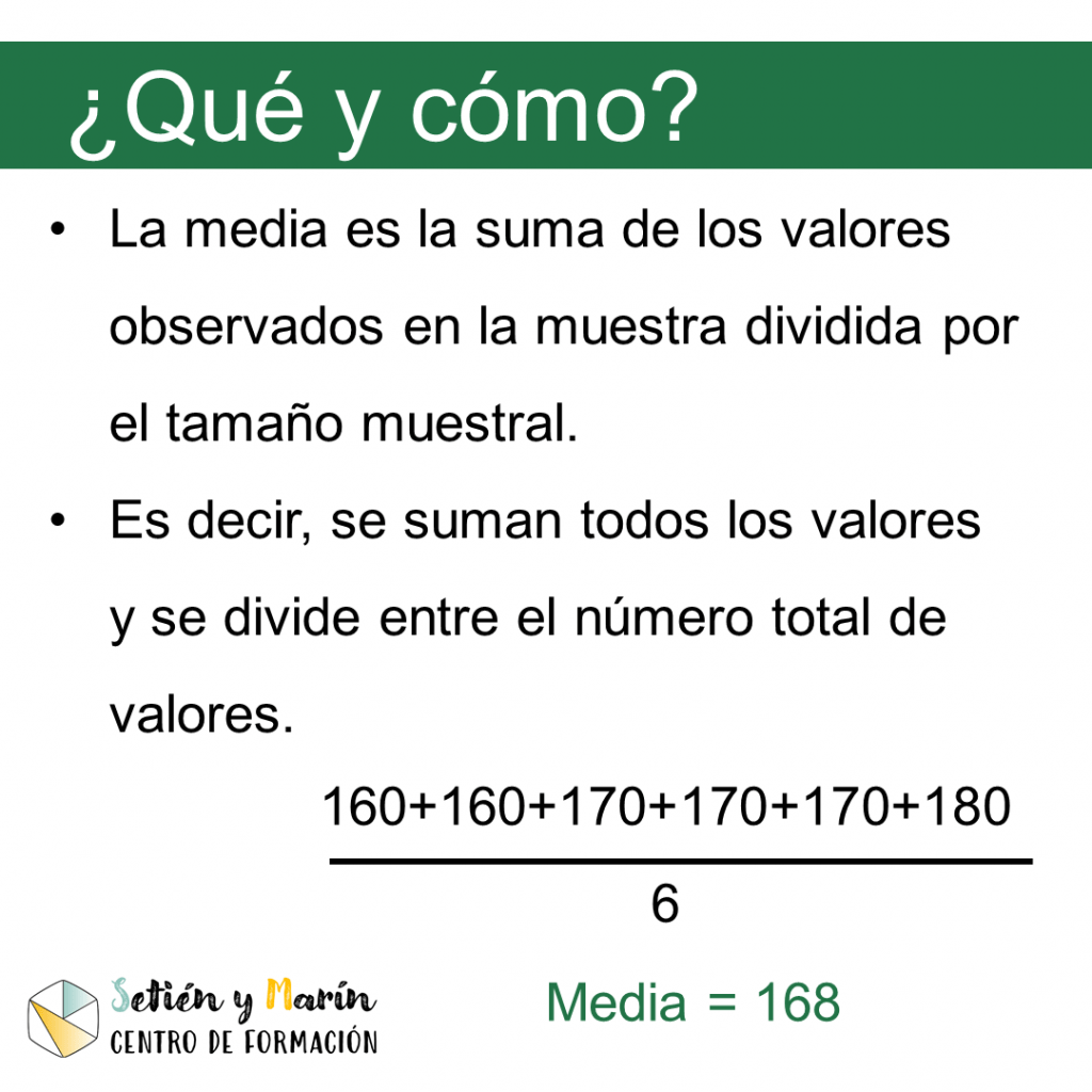 La media es la suma de los valores observados en la muestra dividida por el tamaño muestra. 
Es decir, se suman todos los valores y se divide entre el número total de valores