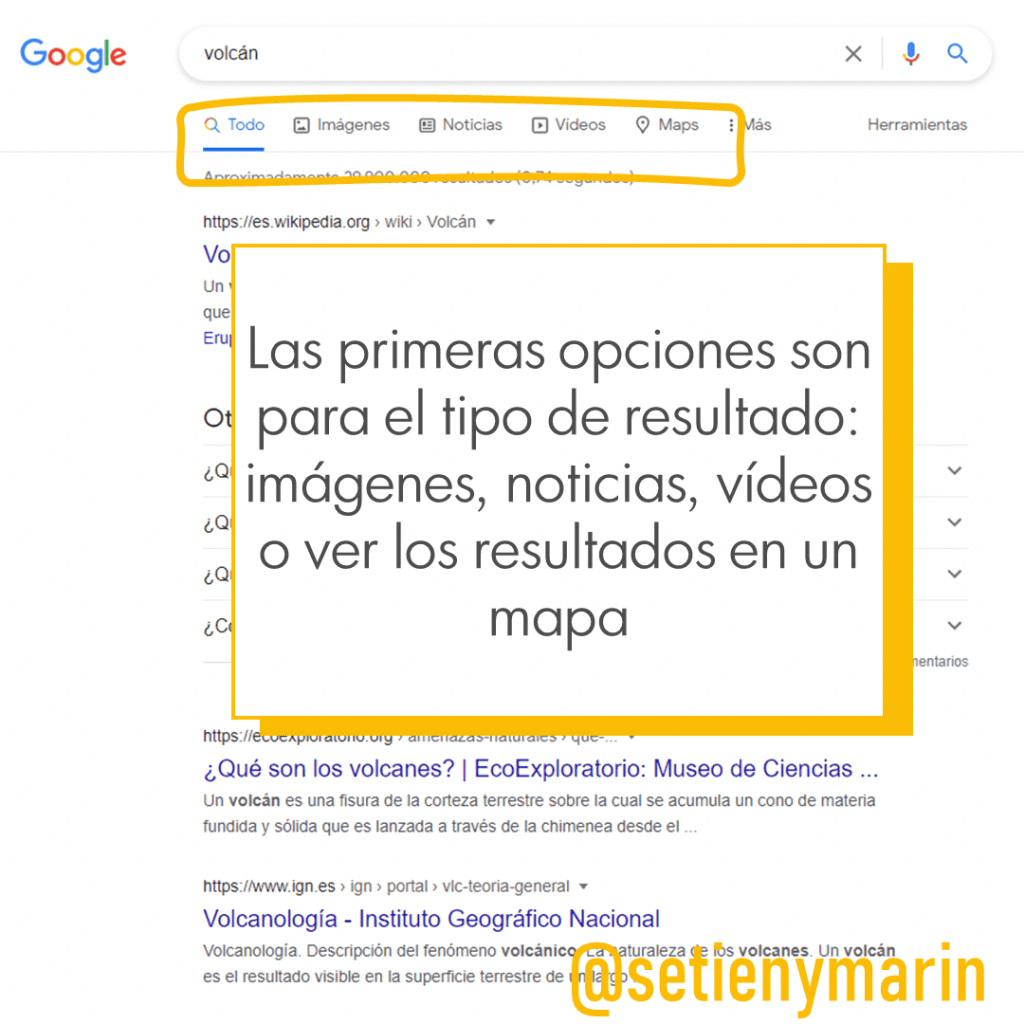 Opciones de tipo de resultado en la barra de filtros de búsqueda de Google Search, uno de los mejores trucos busqueda google