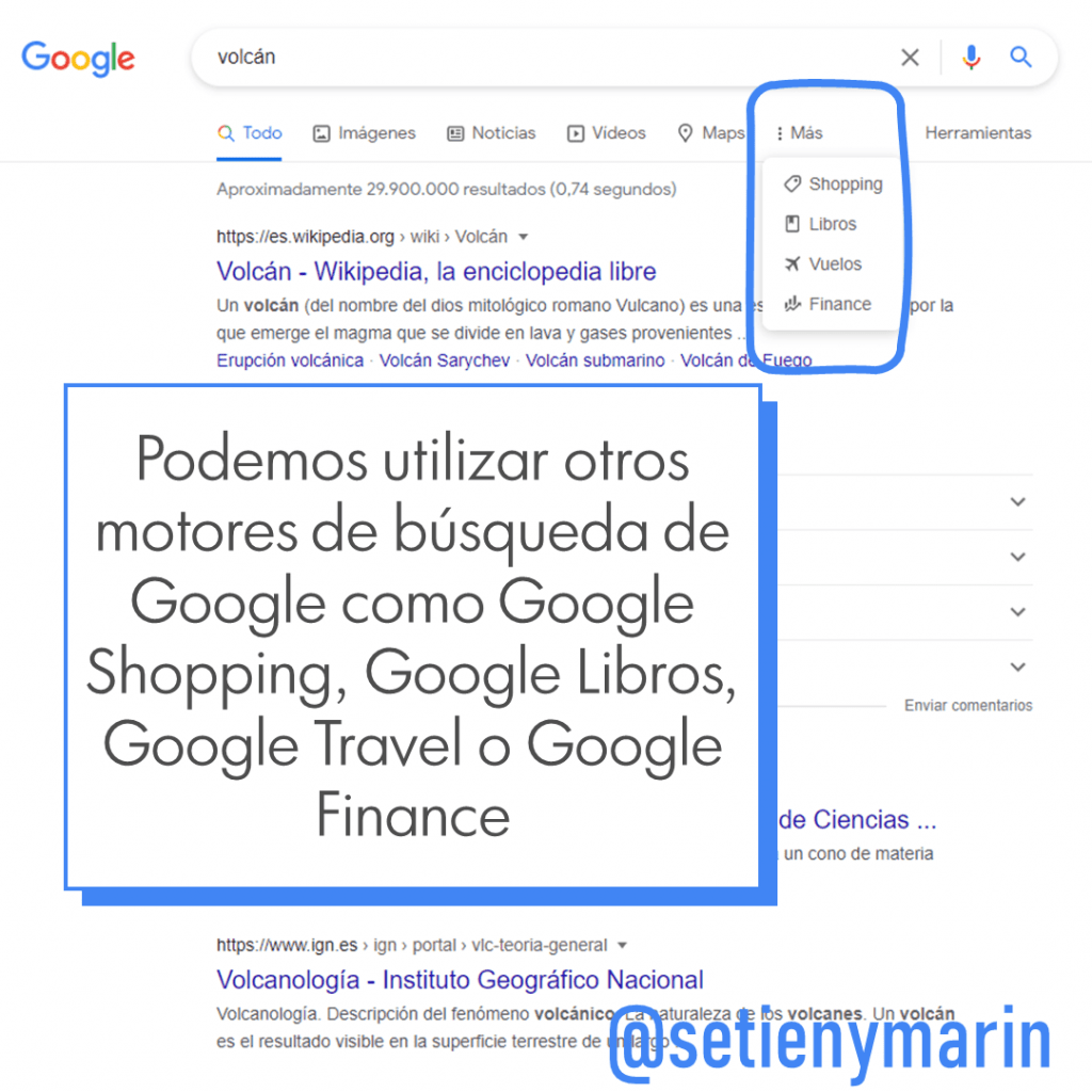 Opciones de otros motores de búsqueda en la barra de filtros de búsqueda de Google Search uno de los mejores trucos busqueda google