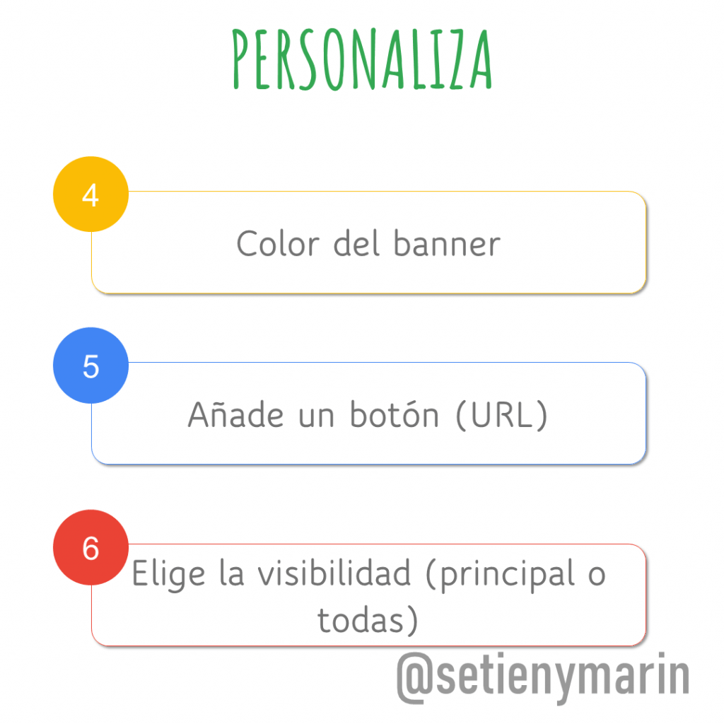 como personalizar un banner en google sites, paso 4 cambiar el color, paso 5 añadir el botón (la url) y paso 6 (elegir la visibilidad)