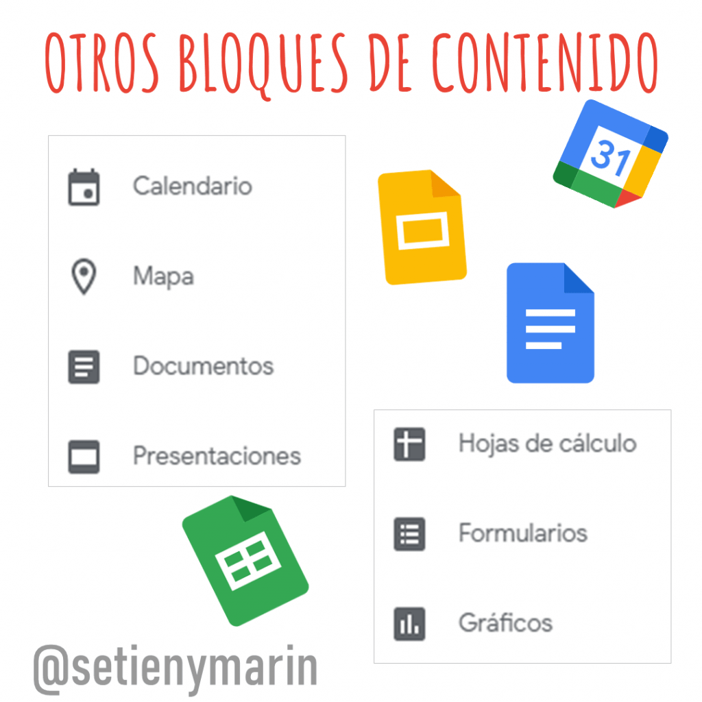 el contenido estrella de cualquier web es el texto y las imágenes. pero para personalizar google sites hace falta saber todos los tipos de contenido que se puede añadir. En esta imagen vemos los bloques de tipo calendario, mapa, documentos, presentaciones, hojas de cálculo, formularios, graficos