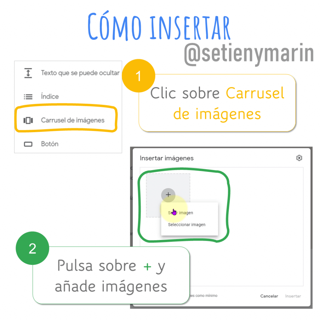 imagen sobre los dos primeros pasos para insertar un carrusel de imágenes en google sites