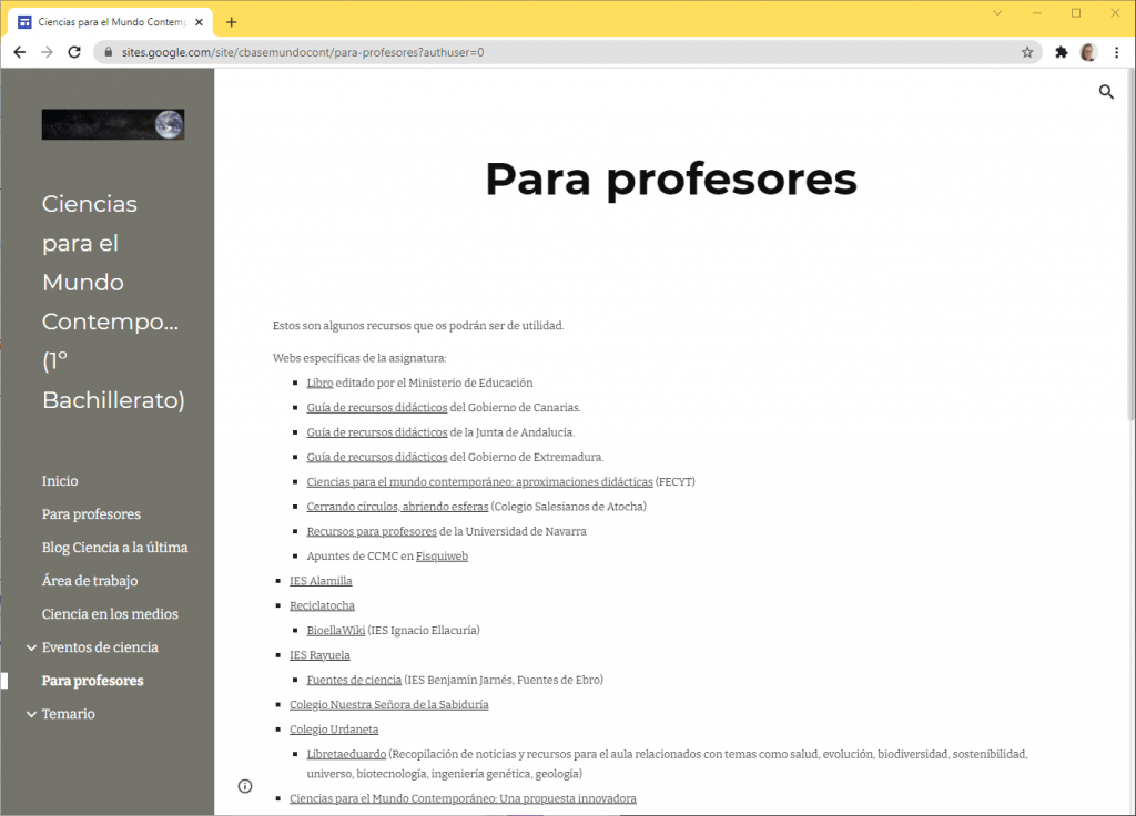 Ejemplo de google sites como lugar para almacenar recursos para profesores