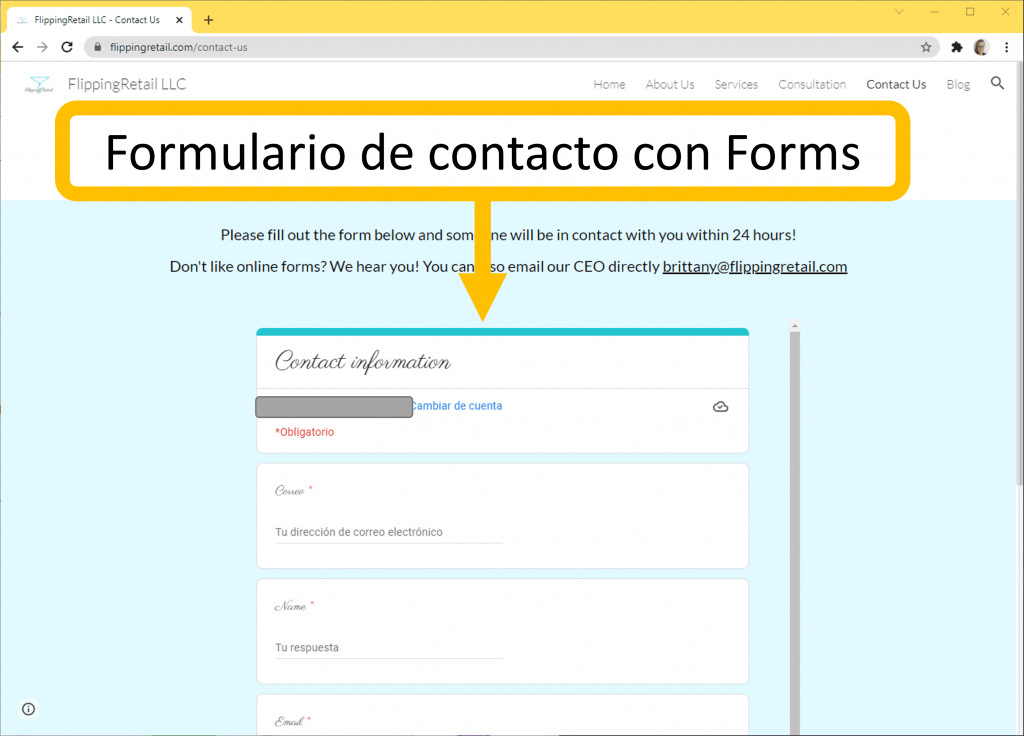 Google Sites ejemplos seleccionado por tener un formulario de contacto hecho con Google Forms