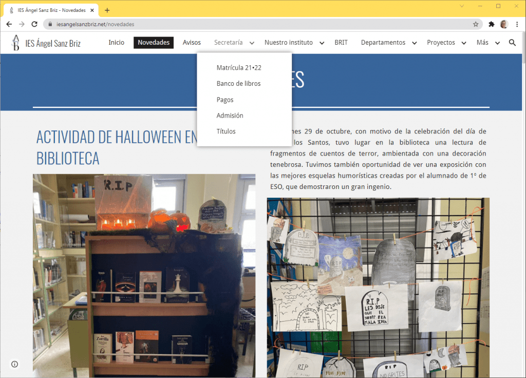 Tercer Google Sites ejemplos que muestra el menú de una página del instituto