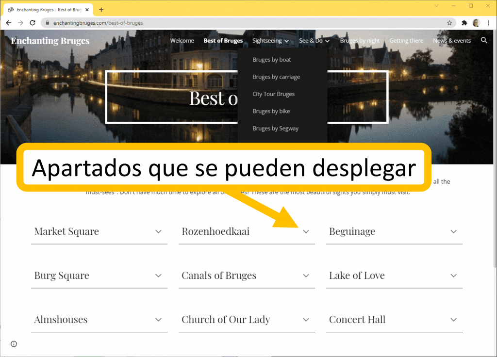 Página web turística hecha con Google Sites que tiene apartados que se pueden desplegar
