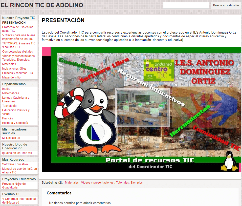 Imagen de la página principal de la web hecha por el IES Antonio Domínguez Ortiz de Sevilla con la versión antigua de Google Sites.