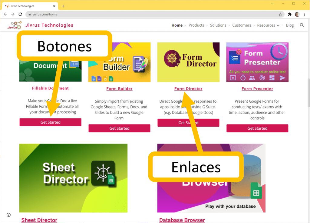 Muestra de botones y enlaces en una página web hecha con google sites