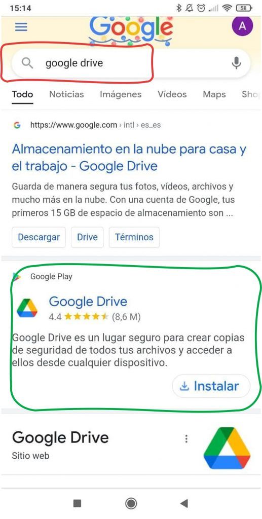 búsqueda de la aplicación de google drive con un movil android