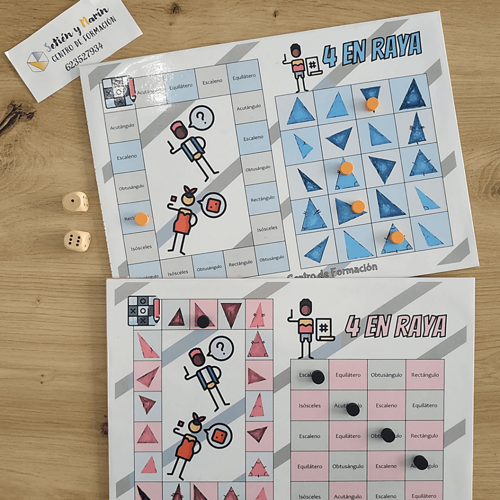 Juego para trabajar clasificaciones de triángulos según lados (equilátero, isósceles y escaleno) y según ángulos (rectángulo, acutángulo y obtusángulo).
