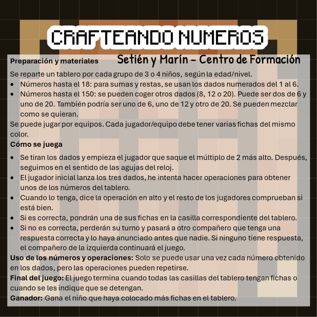 instrucciones de crafteando números, un juego de descomposición numérica