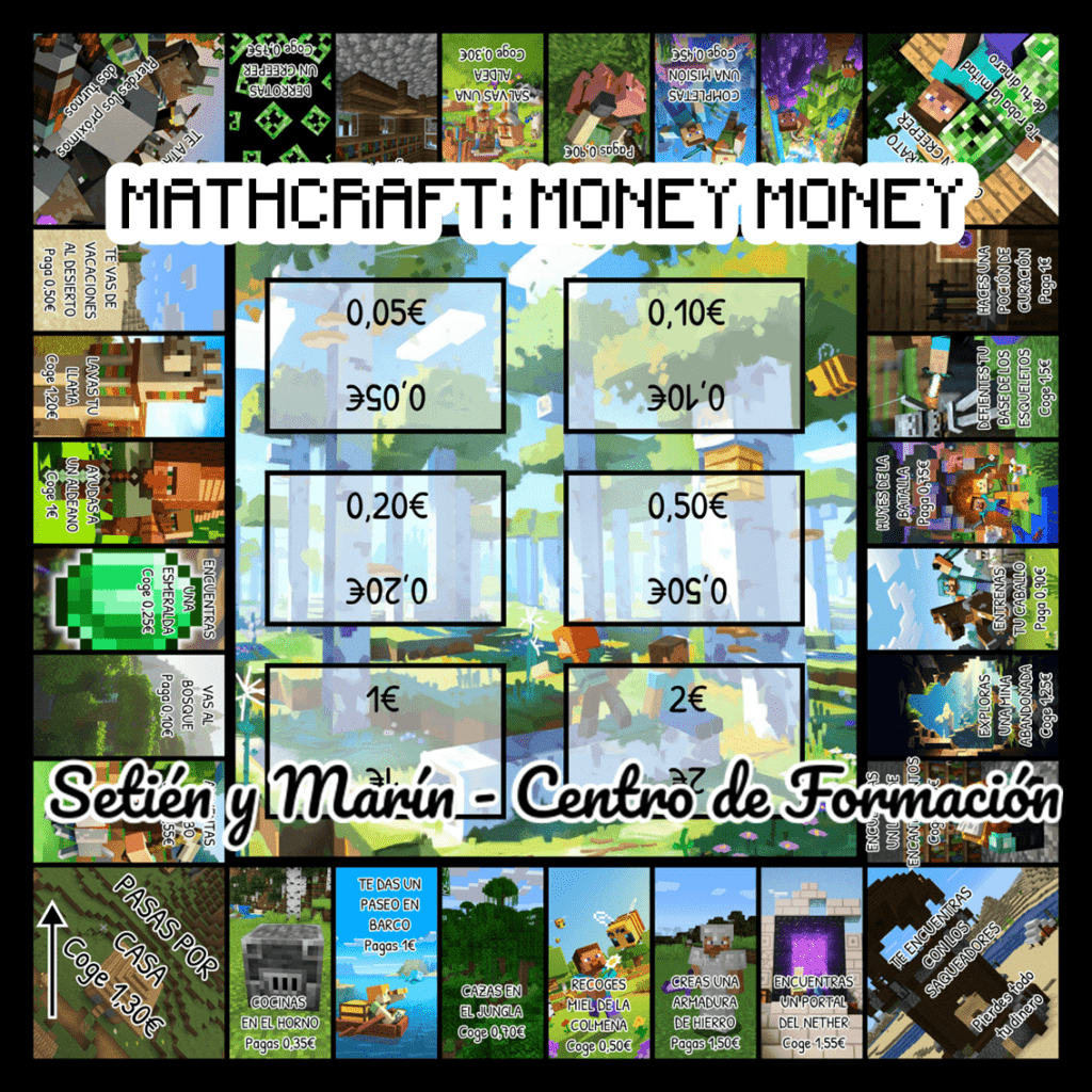 ¡MATHCRAFT MONEY MONEY, el juego para aprender a cobrar y dar el cambio inspirado en Minecraft! Descarga la plantilla del tablero y diviértete