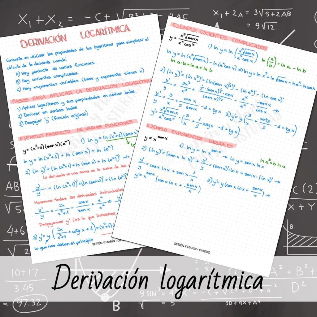 derivación logarítmica propiedades de los logaritmos pasos de derivación productos de funciones cocientes complicados exponentes variables cálculo de derivadas técnicas de derivación derivadas en Bachillerato simplificación con logaritmos ejemplos de derivación logarítmica funciones compuestas