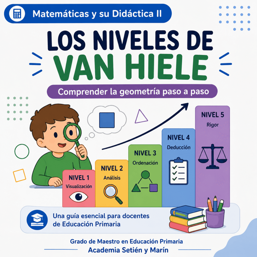 Explicación clara de los cinco niveles de Van Hiele: el modelo de razonamiento geométrico, sus propiedades, fases de aprendizaje y ejemplos.
