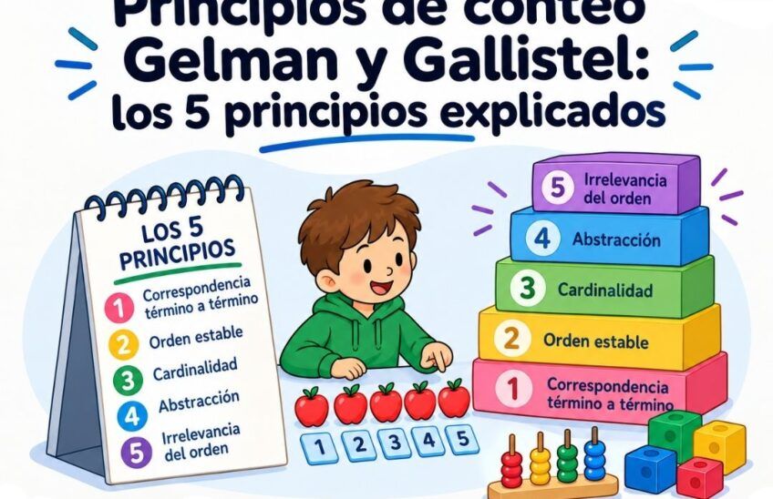 Principios de conteo Gelman y Gallistel representados en una escena educativa con ejemplos de conteo infantil